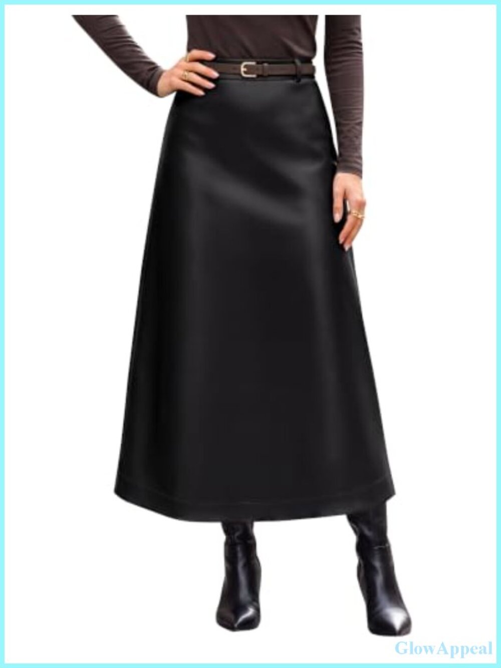 Faux Leather A-Line Midi Skirt High Waisted Back Slit Belt Loops